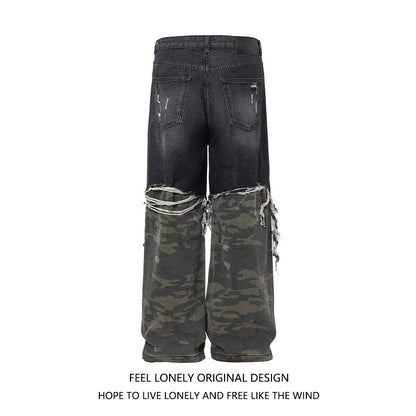 Men's American High Street Stitched Camouflage Wide Leg Jeans