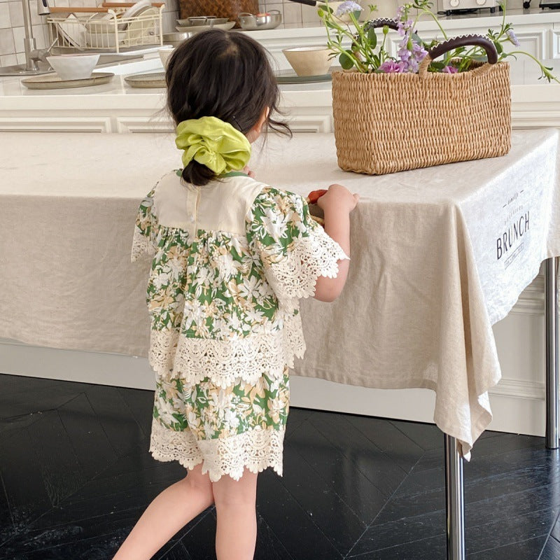 Girls' Summer Suits Sweet Lace Shirt Lace Shorts Two-piece Set