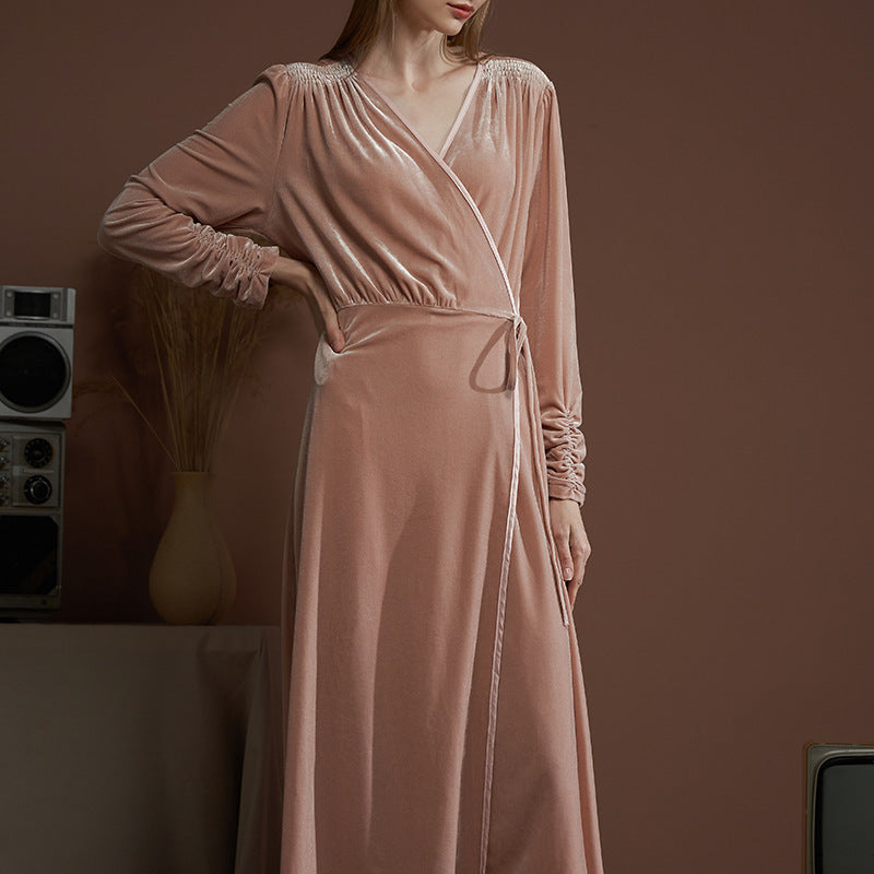 Long Robe Women's Velvet Gorgeous Nightdress V-neck Long Sleeve