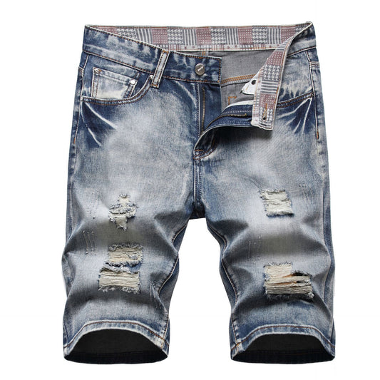 Trendy Men's Summer Five-point Shorts With Holes In Nostalgic Fashion Slim Fit