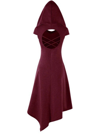 Back Hollow-out Underleg Asymmetric Hooded Midi Dress