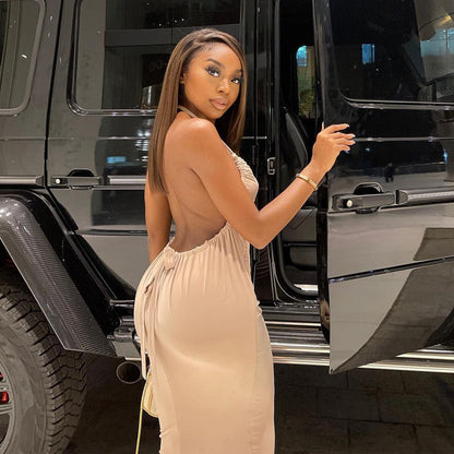 Halter Back Lace-up Bib Type Dress Women