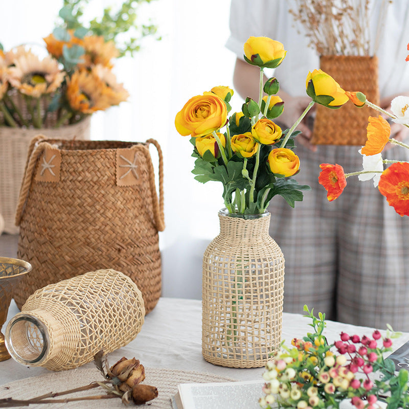 Straw Glass Vase Flower Arrangement Living Room Decoration