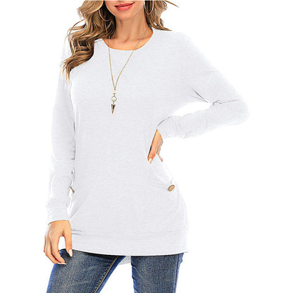 New Product Crossed Pockets Round Neck Long-sleeved T-shirt Women