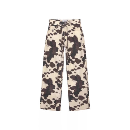 Womens Retro Washed Denim Jeans With Cow Print