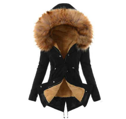 Fur collar drawstring solid color warm cotton coat