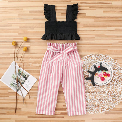 Fashionable Striped Trousers Suit With Lace And Chest Wrap