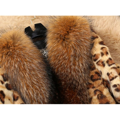 Mid-length Leopard Print  Raccoon Fur Collar Coat