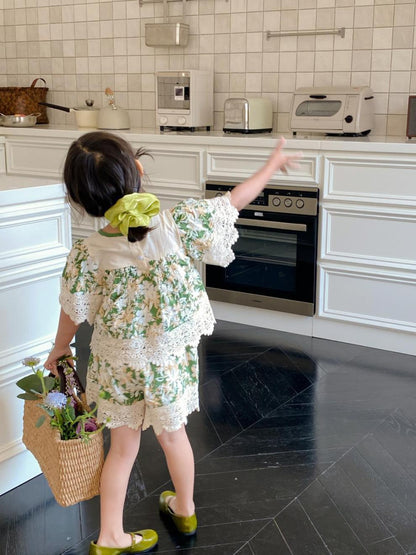 Girls' Summer Suits Sweet Lace Shirt Lace Shorts Two-piece Set