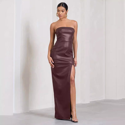 Midnight Muse™ | Onyx Faux-Leather Strapless Maxi with High-Voltage Slit