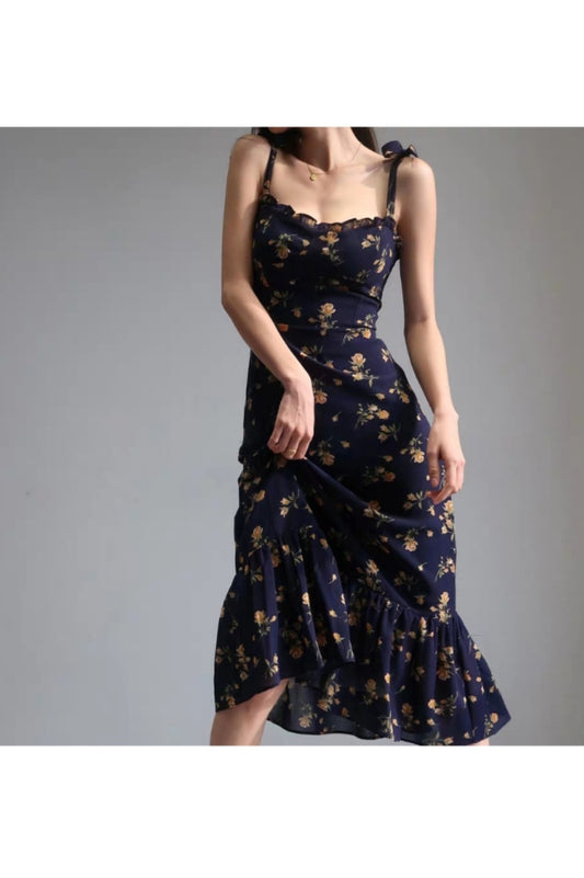 French Girl Retro Pastoral Small Floral Suspenders Slim Dress