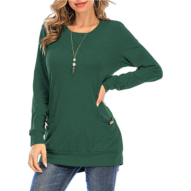 New Product Crossed Pockets Round Neck Long-sleeved T-shirt Women