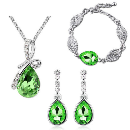 Water Drop Crystal Earrings Man Tingfang Necklace Acacia Leaf Bracelet Three-piece Set