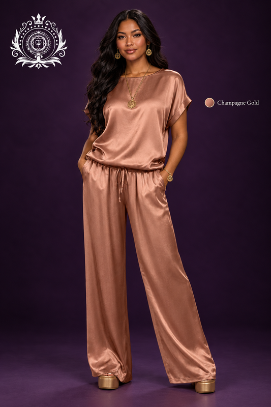 Champagne gold satin-look outfit model