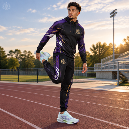 Christopher wearing the Image 6 shoes in coordinated purple sportswear
