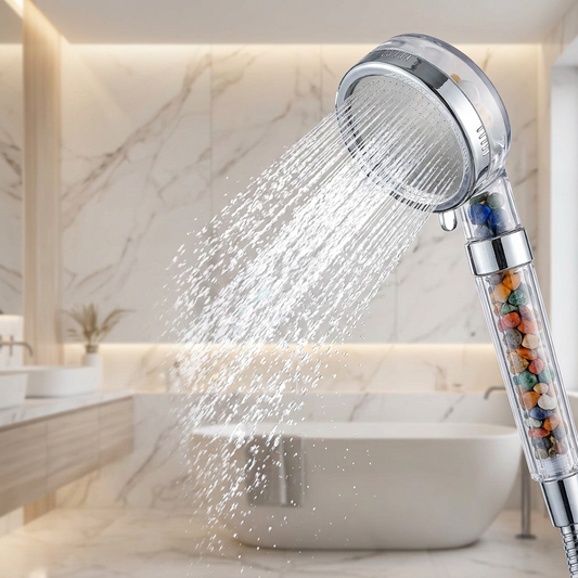 Flipstylez LLC Transparent High-Pressure Mineral Filter Shower Head | Water-Saving Handheld Sprayer with 3-Mode Ionic Filtration and One-Key Stop