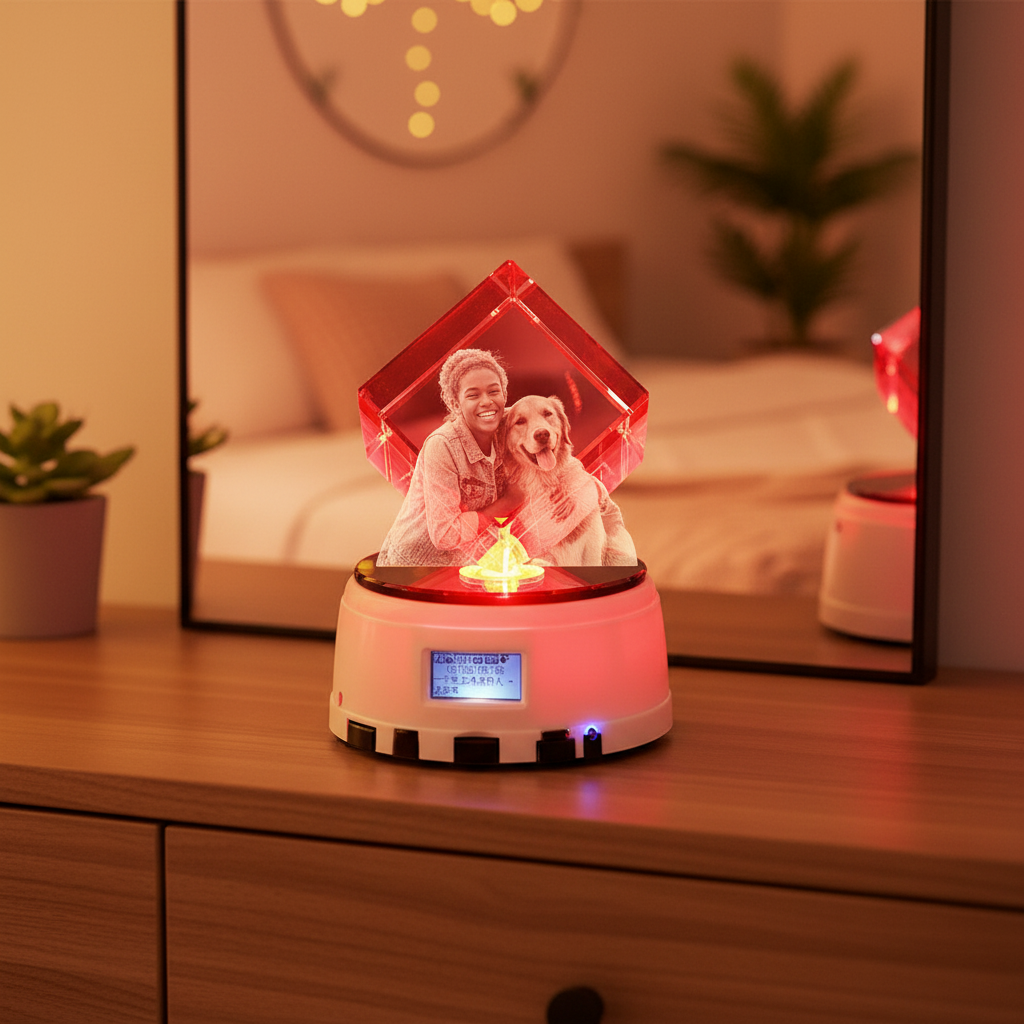 Close Up Crystal Music Box with Girl and Dog Photo