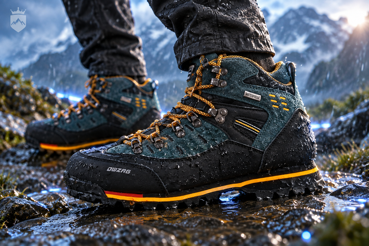 Close-up of waterproof ankle boots on a wet rocky trail