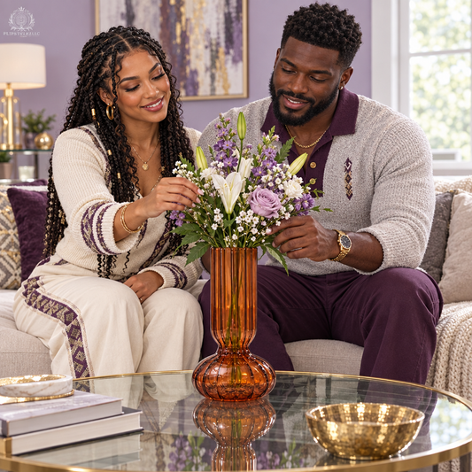 Couple arranging flowers in a striped vase in a light-purple living room