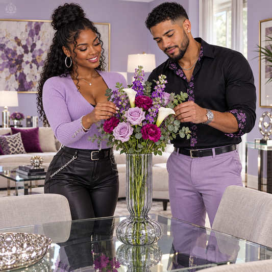 Couple creating a floral arrangement in a light-purple dining space
