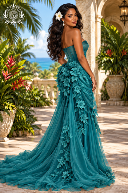 Women's Floral Tulle Gown | Strapless Bodice & Dimensional Flower Details | Prom & Formal Events