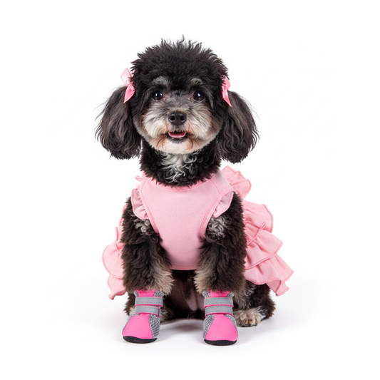 Cute Black & White Poodle in Pink Dress & Dog Shoes