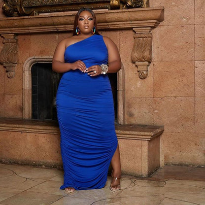 Plus Size Women's One Shoulder Irregular Pleated Dress