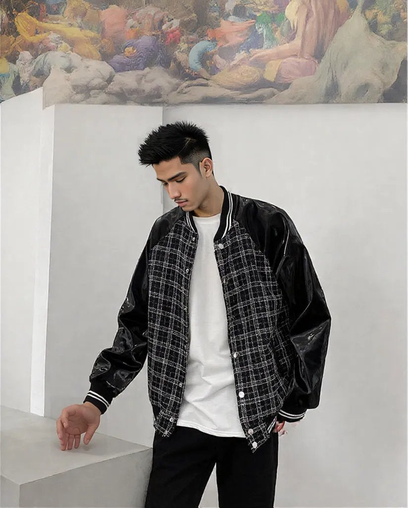 BLACK Urban style Loose Plus Size Leather Plaid Baseball Jacket