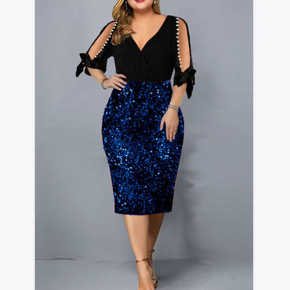 Plus Size Women's Personalized Sequined Beads V-neck Dress With Hips