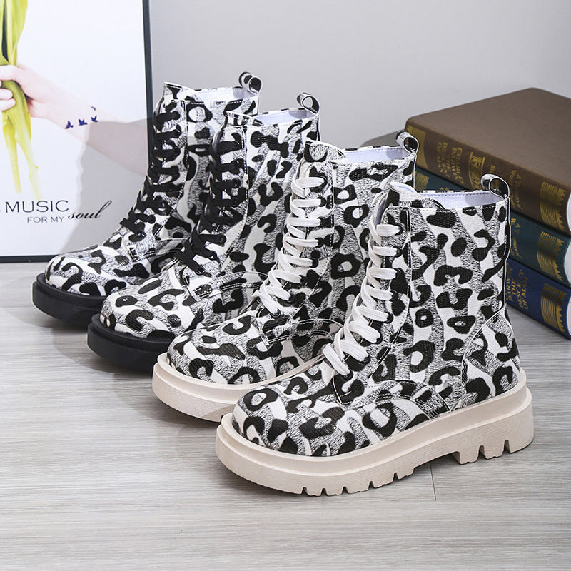 Women Martin Boots Black White Leopard Print Low Heel Shoes Cowgirl Boots