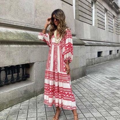 Summer Women's Vintage Printed Bohemian Dress Elegant Ladies Casual Loose V-Neck Short Sleeve Long Dresses - FLIPSTYLEZLLC
