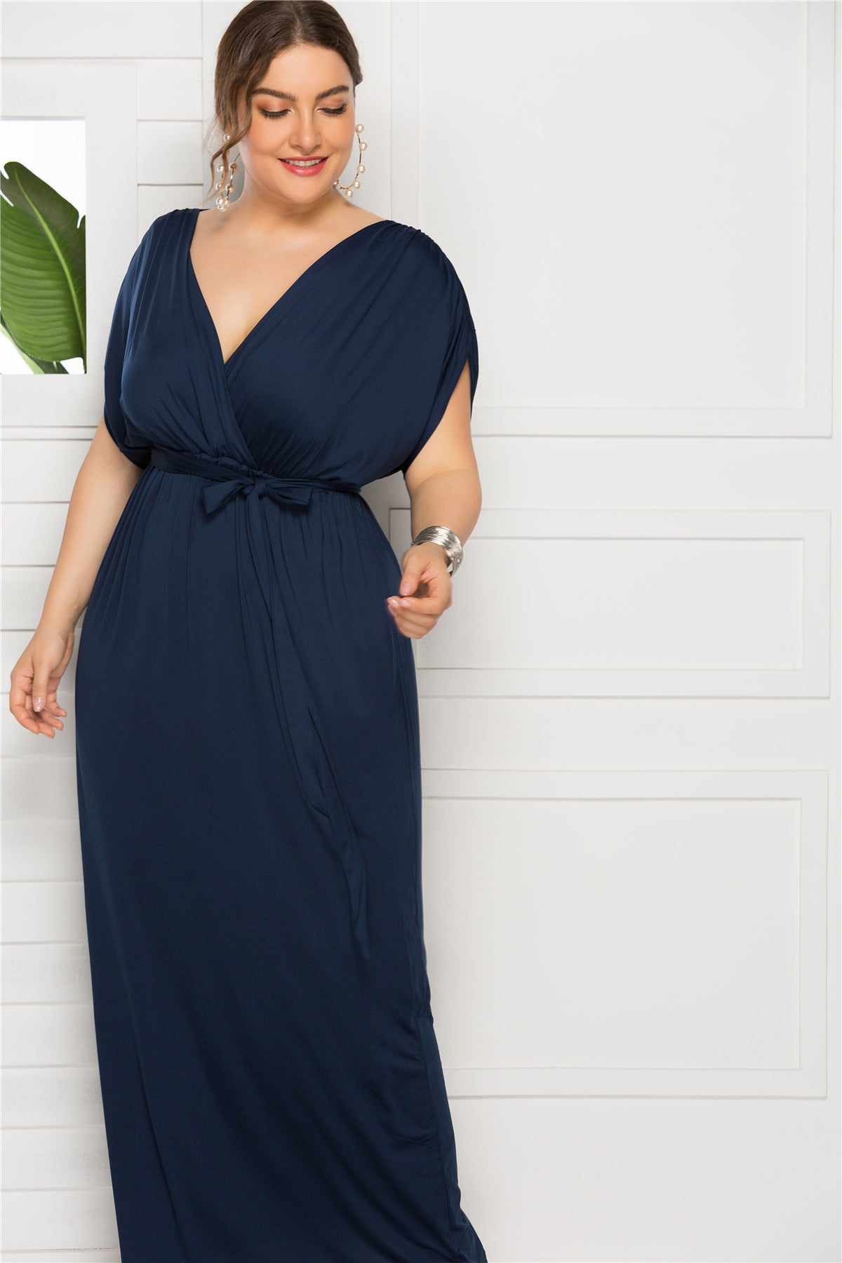 Plus Size Solid Color V-Neck Loose Swing Dress