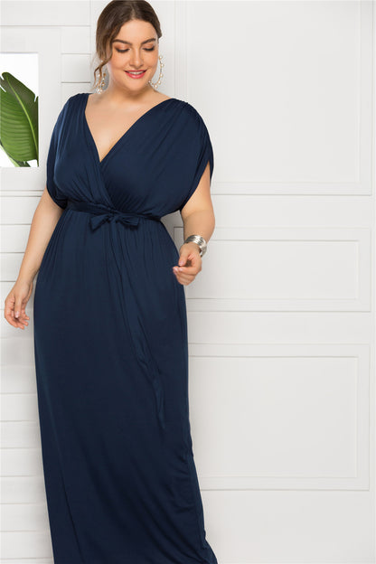 Plus Size Solid Color V-Neck Loose Swing Dress