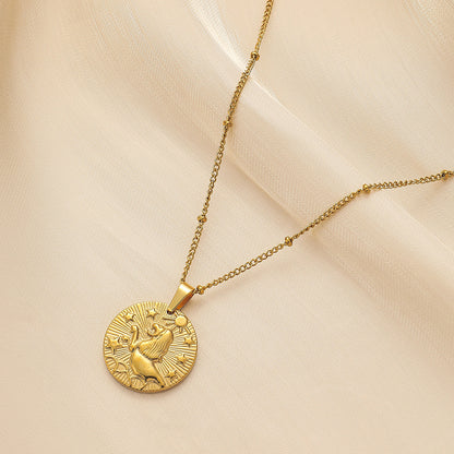 Stainless Steel Round Twelve Constellation Coin Relief Necklace