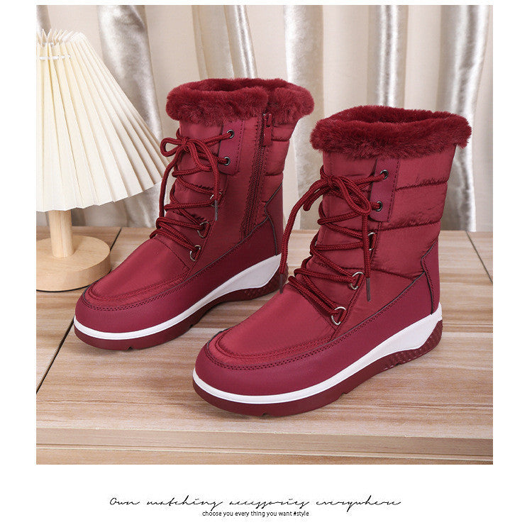 Large High Top Cotton Boots Women's Plush Front Lace Up Side Zipper