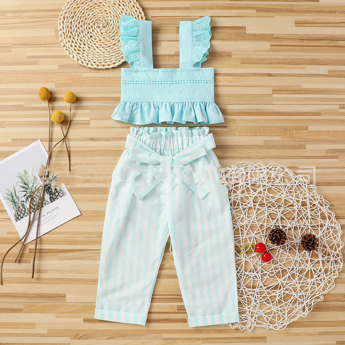 Fashionable Striped Trousers Suit With Lace And Chest Wrap