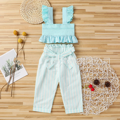 Fashionable Striped Trousers Suit With Lace And Chest Wrap