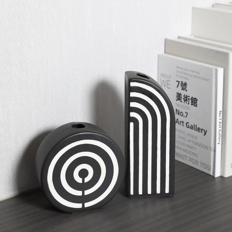 Black And White Striped Ceramic Dried Flower Vase Decorative Art Ornaments