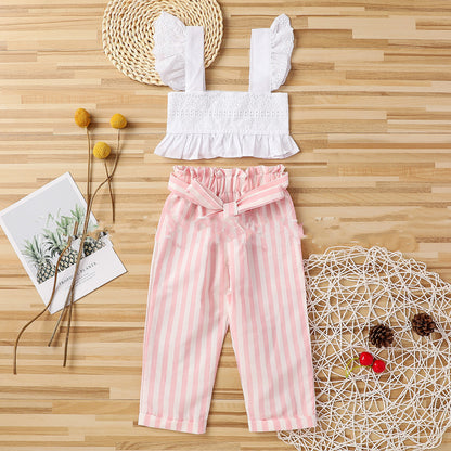 Fashionable Striped Trousers Suit With Lace And Chest Wrap