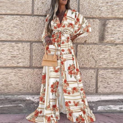 New women''s V-neck short sleeve printed long dress