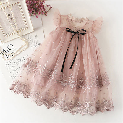 Summer Cute Princess Style Children's Dress With Embroidery Mesh