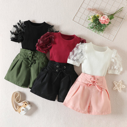 Summer Mesh Three-dimensional Petals Short Sleeve Shorts For Girls Suit