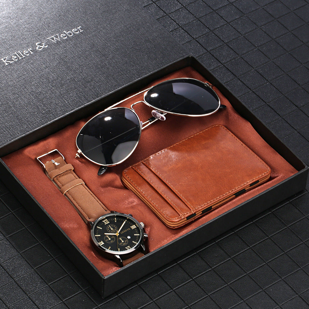 New Men's Quartz Watch Set Glasses Wallet Gift Set Box