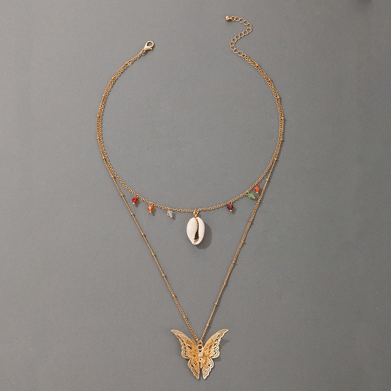 Simple Retro Ethnic Butterfly Shell Color Beads 2 Layer Necklace