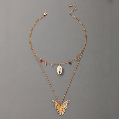 Simple Retro Ethnic Butterfly Shell Color Beads 2 Layer Necklace