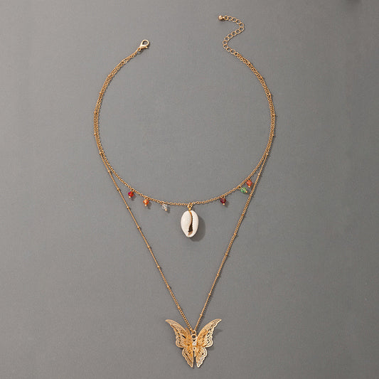 Simple Retro Ethnic Butterfly Shell Color Beads 2 Layer Necklace