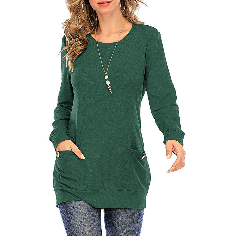 New Product Crossed Pockets Round Neck Long-sleeved T-shirt Women