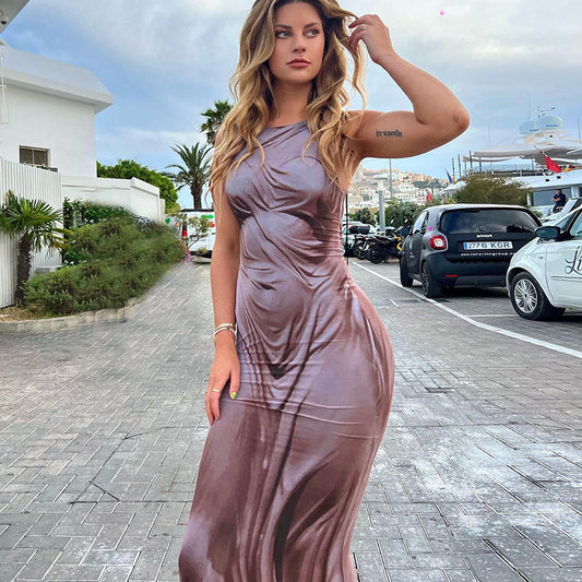 European And American Style Hot Girl Close-fitting Fashion Human Body Printing Slip Dress