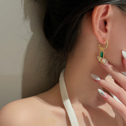 925 Silver Needle Personalized Design Diamond Green Zircon Earrings