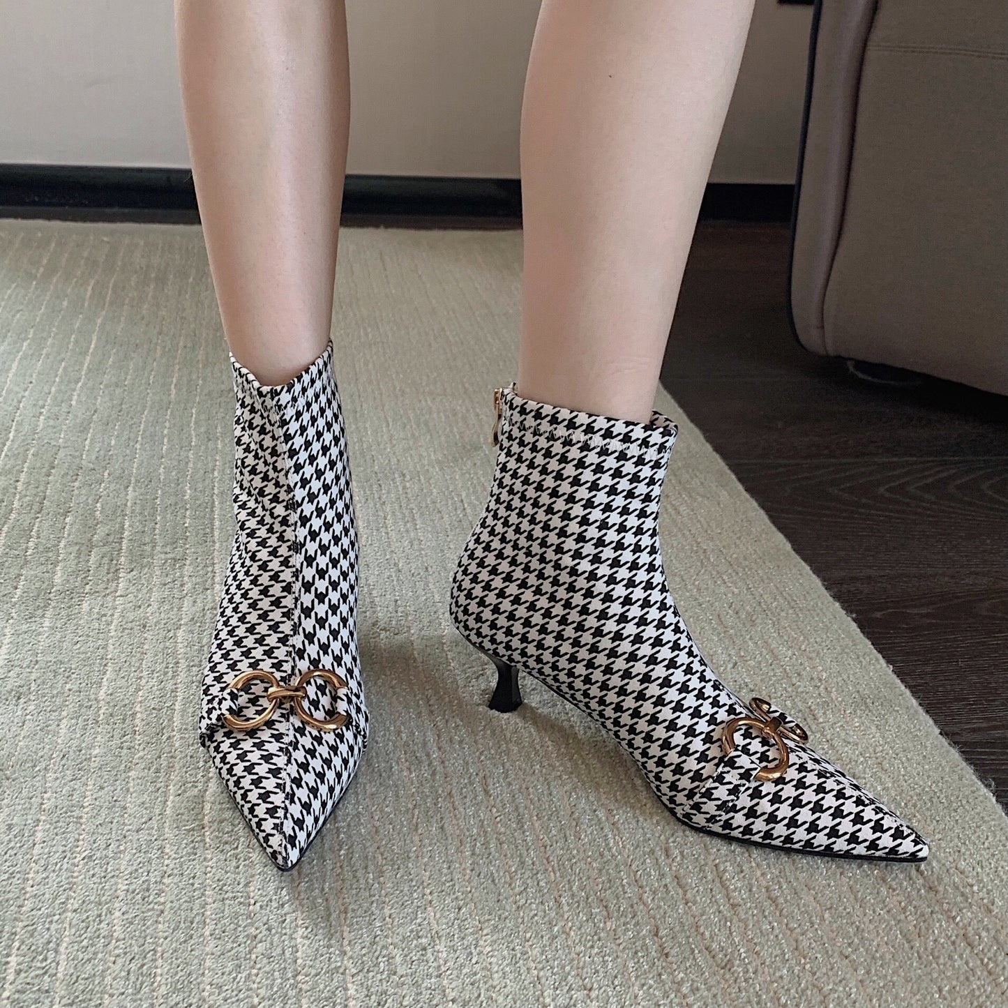 Side Zipper Small Heel Houndstooth Fashion Boots